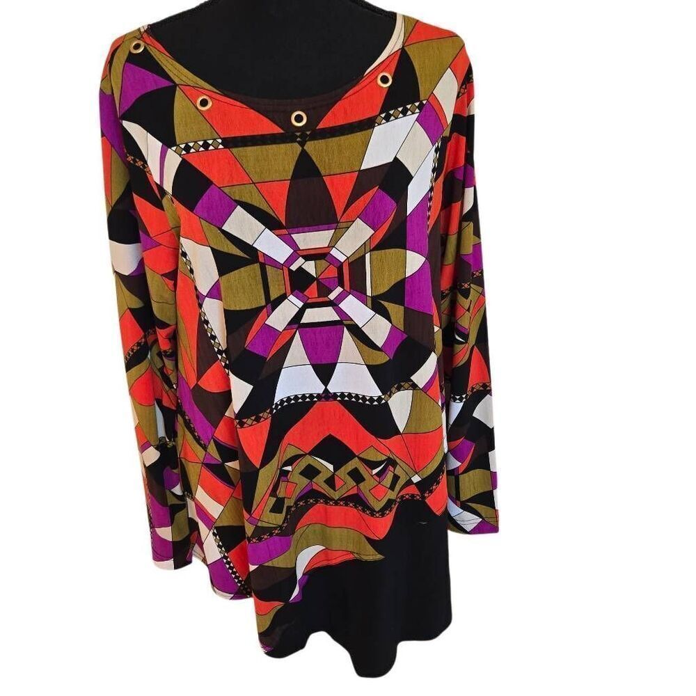 ISABEL Womens Geometric Print Long Sleeve Tunic Blouse Multicolor Size Large